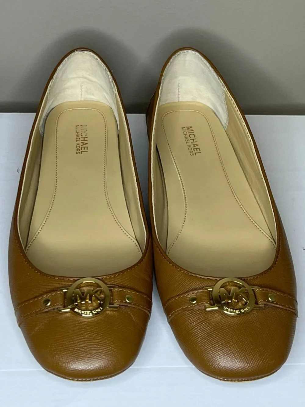 Michael Kors Ballet Flats Fulton Brown Saffiano Leather Gold MK Logo Women's 8.5